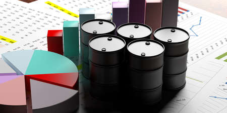Fuel price crisis. Oil barrels and chart pie on data analysis sheets background, 3d illustration