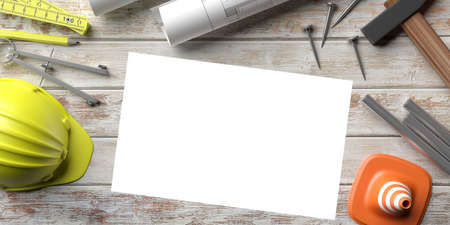 Construction site. Project blueprints, blank paper and tools on wooden desk, copy space. 3d...