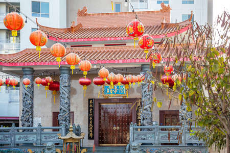 Los Angeles, California USA. June 1, 2019. LA Chinatown traditional building facade decorated with red chinese lanternsのeditorial素材
