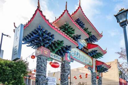 Los Angeles, California USA. June 1, 2019. LA Chinatown gate, chinese paper lanterns decorationのeditorial素材