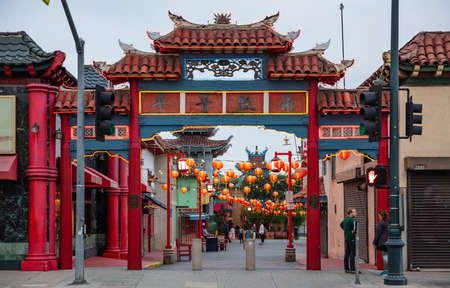 Los Angeles, California USA. June 1, 2019. LA Chinatown gate, chinese paper lanterns decorationのeditorial素材
