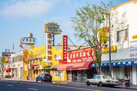 Los Angeles, California USA. June 1, 2019. LA Chinatown street, stores with commercial signs and billboards in chineseのeditorial素材