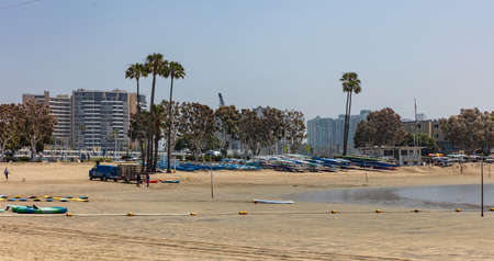 Los Angeles California USA. May 30, 2019. Marina del Rey beach, Surf school and surfboards on the sand, blue sky, sunny spring dayのeditorial素材