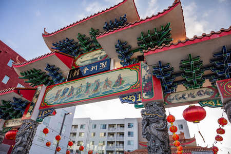 Los Angeles, California USA. June 1, 2019. LA Chinatown gate, chinese paper lanterns decorationのeditorial素材