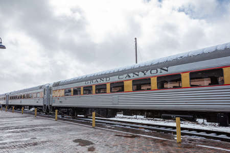 Williams Arizona USA. May 23, 2019. Grand canyon railway, train covered with snow at the station.のeditorial素材