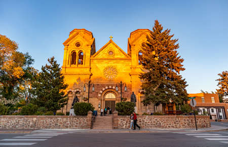 Santa Fe city, New Mexico USA. May 15, 2019. Cathedral Basilica Saint Francis of Assisi Santa Fe downtown, sunset timeのeditorial素材