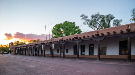 Santa Fe city, New Mexico USA. May 15, 2019. Traditional building with walkway in Santa Fe downtown, sunset timeのeditorial素材