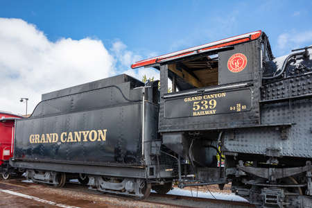 Williams Arizona USA. May 23, 2019. Retro historic locomotive at the station. Grand canyon railway text.のeditorial素材