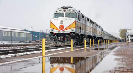 Williams Arizona USA. May 23, 2019. Grand canyon railway, train at the station. Reflections on rain...