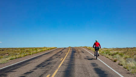 Biking in the countryside, Rear view of a female cyclist riding a bike, blue clear sky, sunny spring...