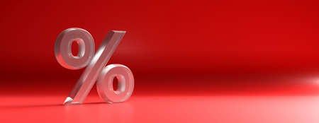 Percentage sign glass texture against red color curved background, banner, copy space. 3d illustrationの写真素材