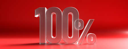 100% text. one hundred percent glass texture against red color curved background, banner. 3d illustrationの写真素材
