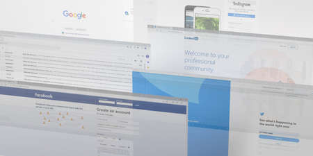 Athens, Greece. September 18, 2019. Social media and communication tabs backgroundのeditorial素材