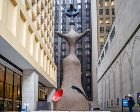 Chicago, Illinois, USA. May 9, 2019. Miro Chicago, the sun the moon and one star, sculpture in public view at Washington street.のeditorial素材