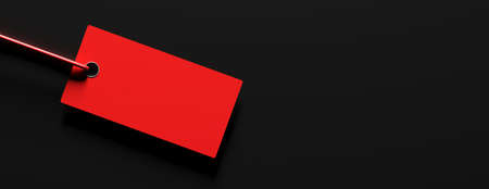 Black Friday sale. Red blank gift tag isolated against black background, copy space, banner. 3d...