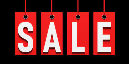 Black Friday sale. Sale text letters on red gift tags isolated against black background. 3d illustrationの写真素材