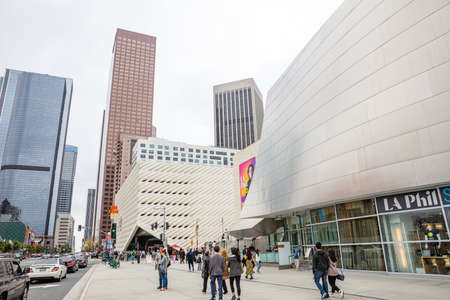 Los Angeles, California, USA. June 2, 2019. View of the famous Walt Disney Concert Hall in downtown LA. People and city background.のeditorial素材