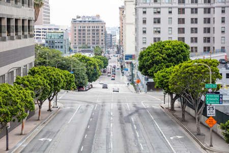 Los Angeles, California, USA. June 2, 2019. Above view of Olive Street in downtown, LA. Skyscrapers...