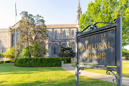 Tulsa, Oklahoma, USA. May 13, 2019. The First United Methodist Church at cathedral square. Arched windows decorate the exterior.のeditorial素材