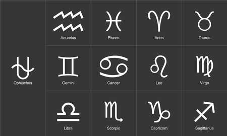 Astrology and horoscopes concept. Astrological zodiac signs 13 set including ophiuchus on black background.の写真素材