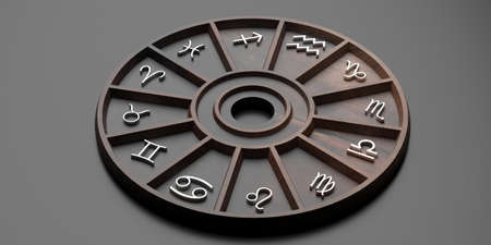 Astrology and horoscopes concept. Astrological zodiac signs wood wheel on black background. 3d illustrationの写真素材
