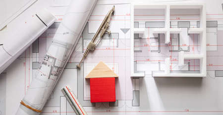 House model and blueprint plans, residential building project architectural design, bannerの写真素材