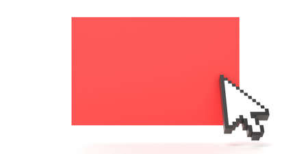 Computer pointer cursor on a red color blank paper card, white background. Pixel arrowhead shape mouse cursor, copy space. 3d illustrationの写真素材