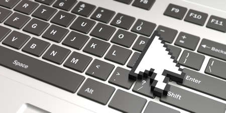 Cursor pointer on a computer keyboard background. Pixel arrowhead shape mouse cursor. 3d...