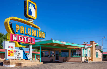 Tucumcari, New Mexico, USA. May 14, 2019. The Palomino Motel is a historic building on route 66 that invites travelers to get rest into a traditional ground floor lodge.のeditorial素材