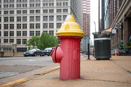 Fire hydrant red color in the city center, cloudy spring day. Saint Louis, Missouriの写真素材