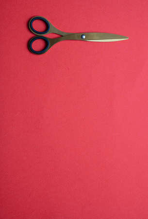Pair of scissors gold isolated on red background, Office business supplies.の写真素材