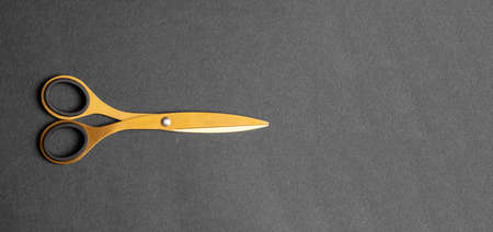 Scissors gold isolated on black background, Office business supplies.の写真素材