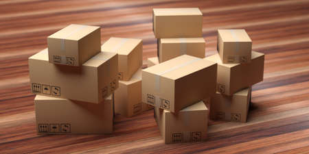 Moving home boxes. Cardboard boxes closed and sealed on wood floor. House apartment moving day and relocation concept. 3d illustrationの写真素材