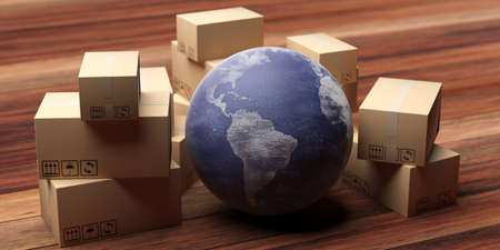 Moving global business. Cardboard boxes and earth globe on home wood floor. Woldwide international relocation services concept. 3d illustrationの写真素材