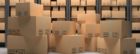 Distribution, cargo and logistics concept. Cardboard boxes on blur storage warehouse shelves...