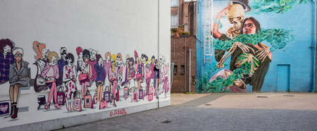 Eindhoven, Netherlands. October 10, 2019. Walls with graffiti in the city center. Street art, colorful artworkのeditorial素材