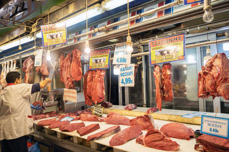 Athens, Greece. November 14, 2019. Uncooked beef steaks at a meat market stall. Central food market of the cityのeditorial素材
