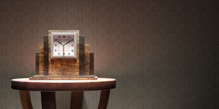 Classic vintage clock on a round table on wallpaper background. Art Deco style decoration, home...