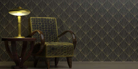 Art Deco style decoration, home interior. Classic retro furniture on wallpaper background black and...