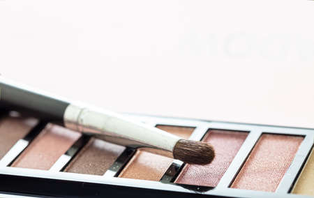 Eyeshadows pallete set pastel colors and brush against pink background, closeup view. Professional...