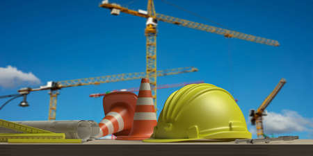 Project construction blueprints and engineering tools on wooden desk, blur construction cranes and...