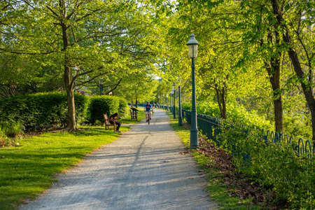 Pittsburgh, Pennsylvania, USA. May 7, 2019. A man is riding a bike under green trees and a girl is sitting on a bench. A place for relaxation or activities.のeditorial素材