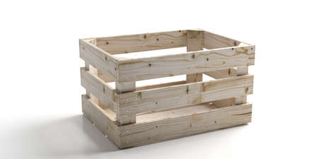Crate isolated against white background. Empty wood box container natural color for agriculture...