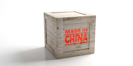 Made in China text on a crate isolated against white background. Chinese product, industry, export...
