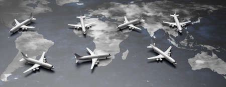 Flight international for business trip, immigration, tourism. Plane model on planet earth map...