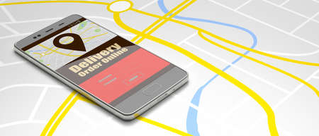 Food order online delivery app on mobile phone screen city map background, copy space, banner. Food...