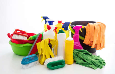 Cleaning products isolated against white background. Plastic chemical detergent bottles and equipment, Domestic household or business sanitary cleaningの写真素材