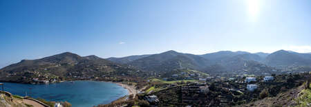 Tzia, Kea island, Greece. Aerial and panoramic view of Otzias bay. Houses next to the clear and calm...