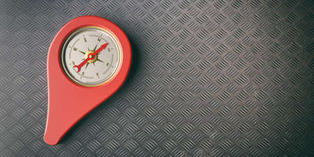 Compass map pointer, location, navigation. Magnetic instrument red color guide for direction and...