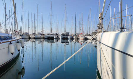 Athens, Greece. February 9, 2020. Anchored yachts with masts at Alimos Marina, the biggest in...
